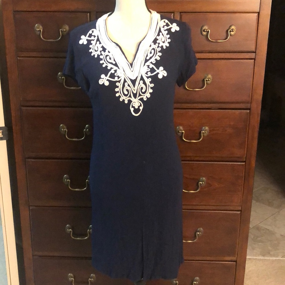 MagnoliaGRACE Sz sm. Navy dress, full liner w/scallop white beaded neckline